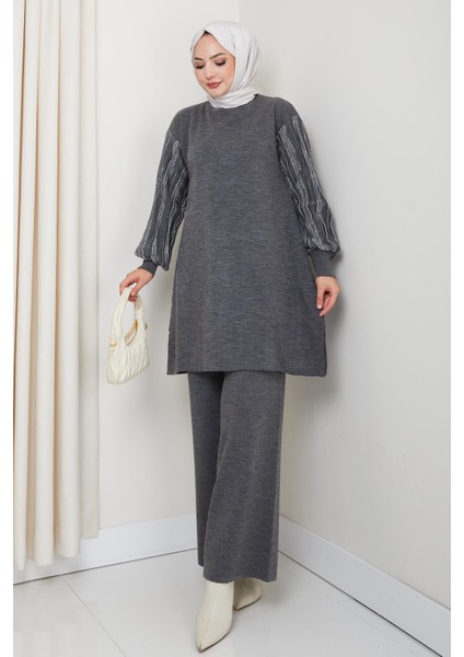 Balon Kollu Simli Triko Tunik Pantolon Takım