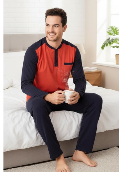 %100 Pamuk Erkek Uzun Kollu Renk Bloklu Rahat Giyim Seti. - Pijama Takımı