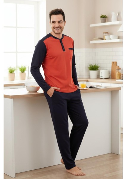 %100 Pamuk Erkek Uzun Kollu Renk Bloklu Rahat Giyim Seti. - Pijama Takımı fiyatları