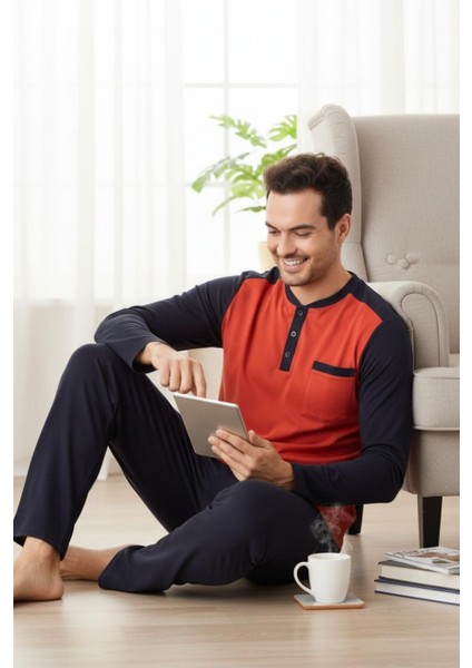 %100 Pamuk Erkek Uzun Kollu Renk Bloklu Rahat Giyim Seti. - Pijama Takımı modelleri