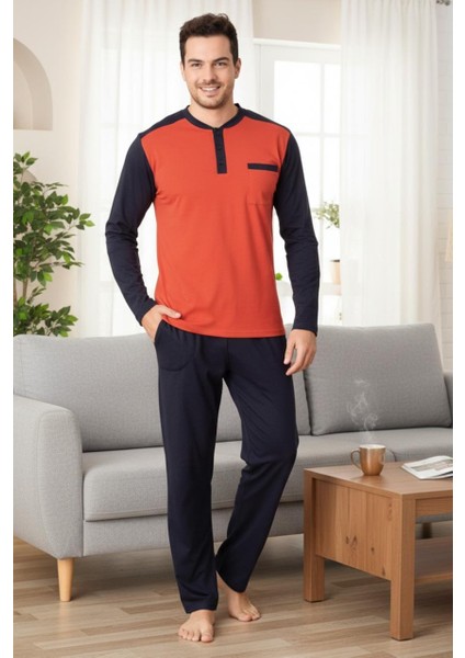 %100 Pamuk Erkek Uzun Kollu Renk Bloklu Rahat Giyim Seti. - Pijama Takımı fırsatları