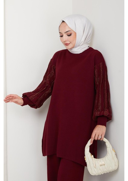 Balon Kollu Simli Triko Tunik Pantolon Takım modelleri