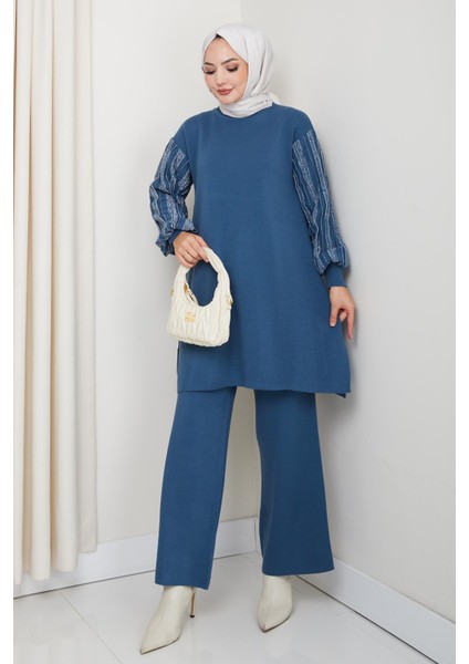 Balon Kollu Simli Triko Tunik Pantolon Takım