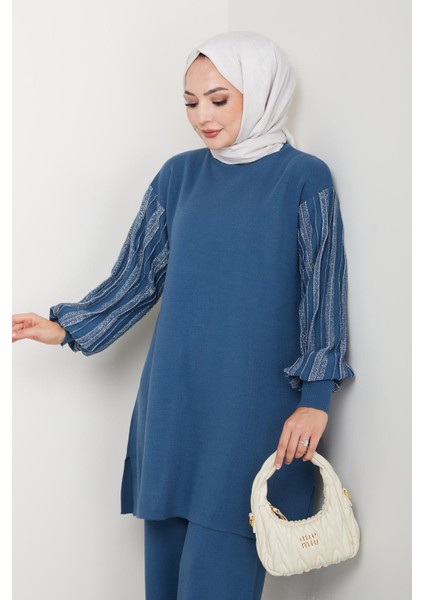 Balon Kollu Simli Triko Tunik Pantolon Takım modelleri