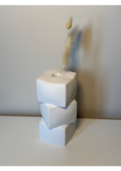 Katmanlı Küp Form Heykelsi Vazo (12 Cm) | Taş Tozu Mini Dekoratif Obje (Beyaz )