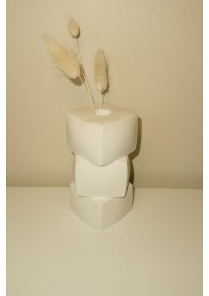 Katmanlı Küp Form Heykelsi Vazo (12 Cm) | Taş Tozu Mini Dekoratif Obje (Beyaz ) modelleri