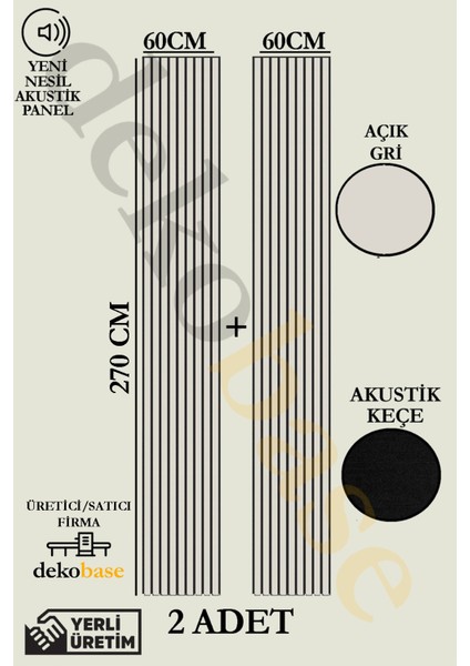 Açık Gri (2 Adet) 60x270 cm Yeni Nesil Akustik Ahşap Duvar Paneli