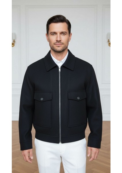 Erkek Oversize Kaşe Mont Siyah – Kalın Kumaş Şık Kışlık Mont