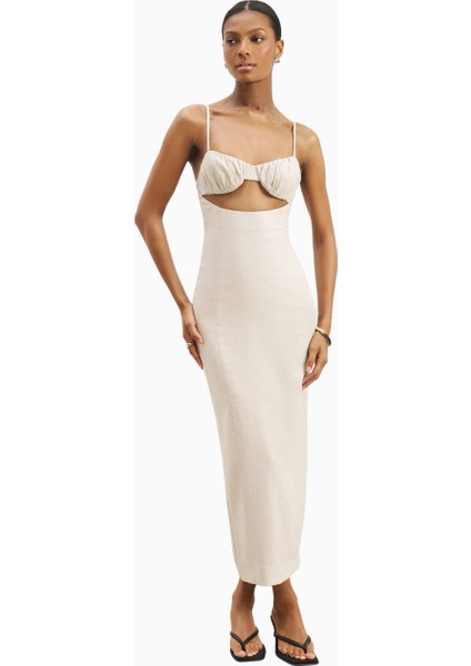 Özel Dikim Keten Büstiyer Uzun Kadın Elbise