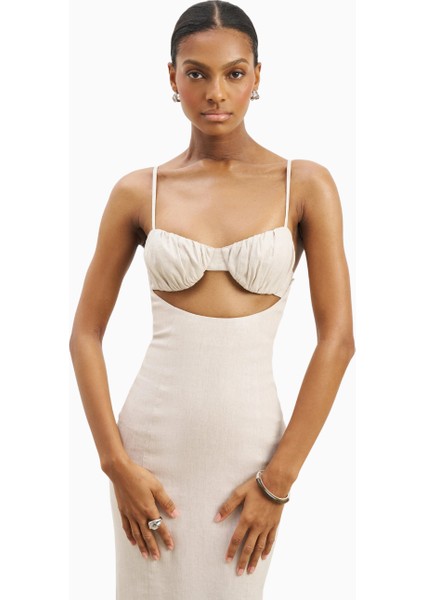 Özel Dikim Keten Büstiyer Uzun Kadın Elbise