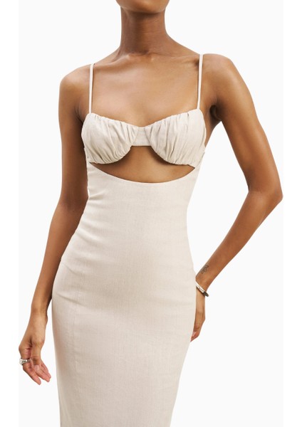 Özel Dikim Keten Büstiyer Uzun Kadın Elbise