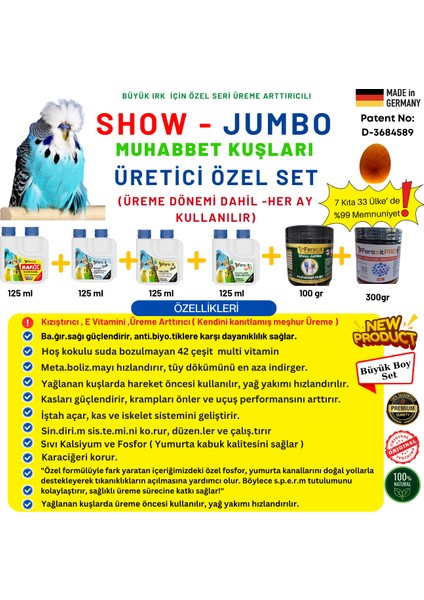 Show-Jumbo Muhabbet Kuşu Üreticilere Özel Full Set 6 Parça Üreme Dönemi Dahil 12 Aylık Set
