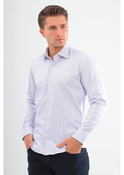 Slimfit Lila Ince Çizgili Erkek Gömlek Likralı Dar Kesim Yapısıyla AS042075-09