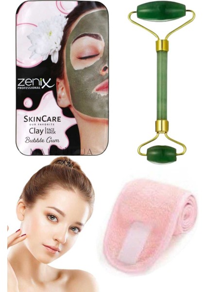 3'lü Set Spor Yoğa Makyaj Havlu Saç Bandı Kırışıklık Gerdirme Masaj Yeşim Taşı