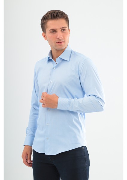 Slimfit Mavi Ince Çizgili Erkek Gömlek Likralı Dar Kesim Yapısıyla AS042075-13 indirimleri
