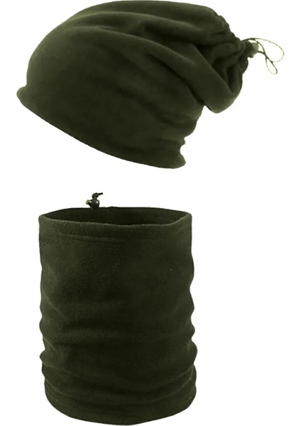 2 Adet Haki Renk Fiyatı - Kadın Erkek Kışlık Termal Polar Ipli Bere Şapka Boyunluk Olabilen Atkı-Haki Yeşil