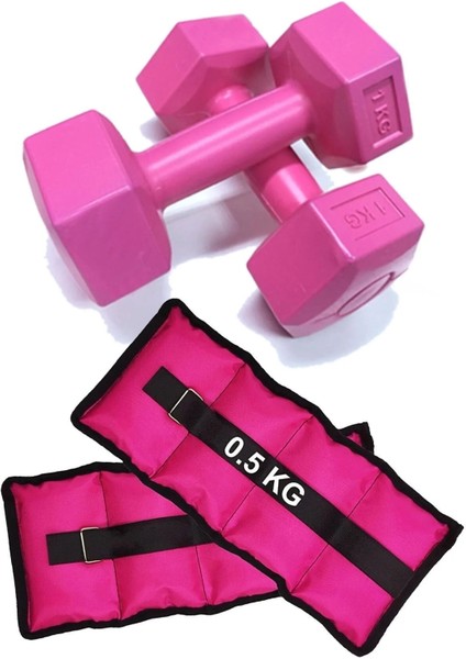 El ve Ayak Bilek Ağırlığı 2x1 kg Kum Torbası ve 2x0.5kg Dambıl Dumbell Seti Ağırlık Setleri Pembe