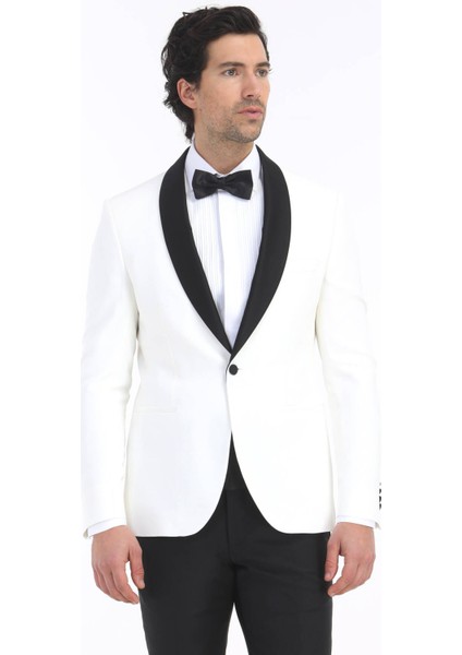 Ekru Düz Modern Fit Şal Yaka Dokuma Smokin Takım Elbise