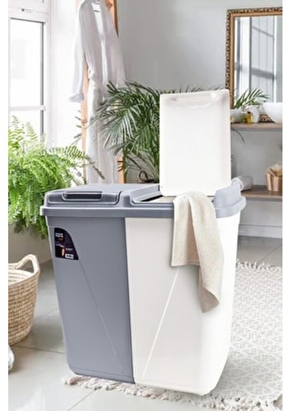 Çift Gözlü Çamaşır Sepeti Plastik 60 Litre Gri-Beyaz Renkli ve Beyaz Çamaşırlar İçin fırsatları