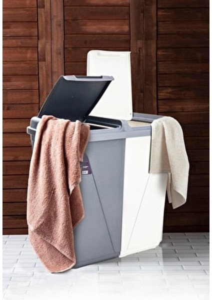 Çift Gözlü Çamaşır Sepeti Plastik 60 Litre Gri-Beyaz Renkli ve Beyaz Çamaşırlar İçin indirimleri