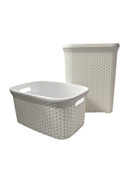 2'li Set Hasır Desenli Plastik Beyaz Çamaşır Sepeti & Beyaz Çamaşır Selesi