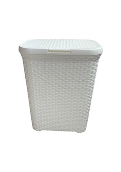 2'li Set Hasır Desenli Plastik Beyaz Çamaşır Sepeti & Beyaz Çamaşır Selesi