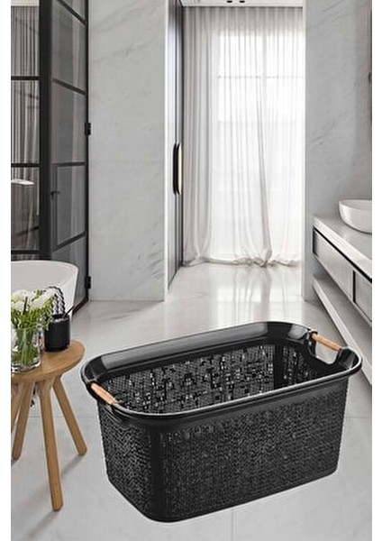 Çamaşır Sepeti Ahşap Kulplu Modern Tasarım 30 Lt Kapasiteli Pudra Renk