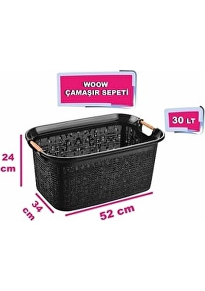 Çamaşır Sepeti Ahşap Kulplu Modern Tasarım 30 Lt Kapasiteli Pudra Renk