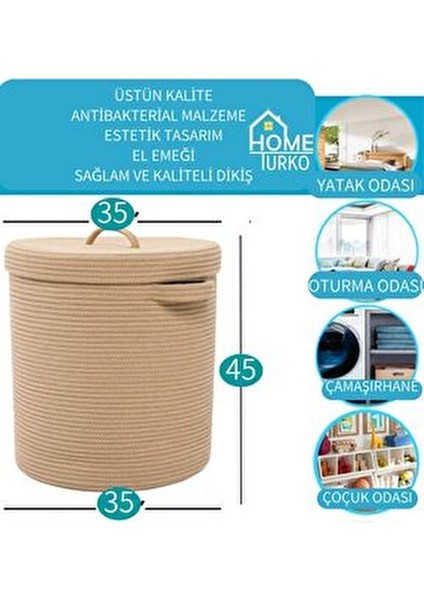 Jüt Kapaklı Kulplu Çamaşır Sepeti Doğal Malzemeden 40 X 35 CM Katlanabilir