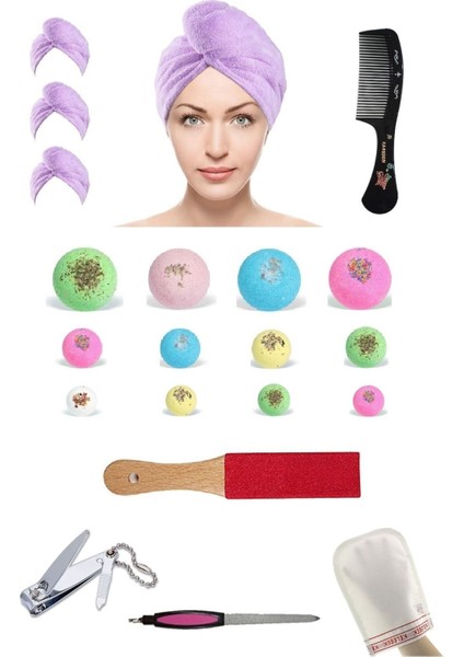 18 Parça Tüm Vücut Kokulu Renkli Nem Bombası Saç Bone Tırnak Makası Törpü Topuk Törpü Kese Tarak Set