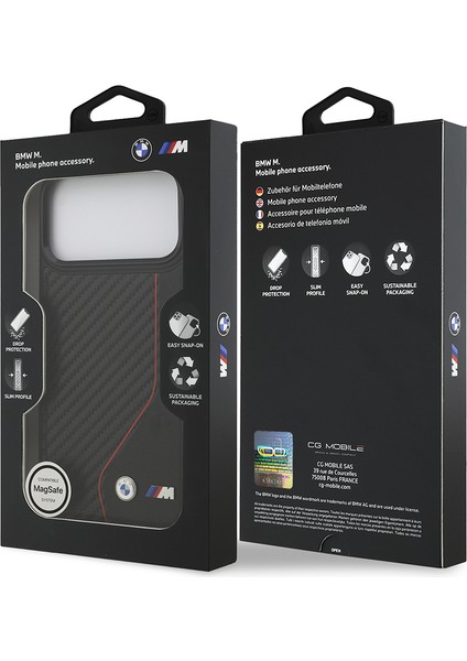 iPhone 17 Pro Max Uyumlu Kılıf Bmw Lisanslı M-Safe Şarj Metal Bmw ve M Logolu Pu Karbon