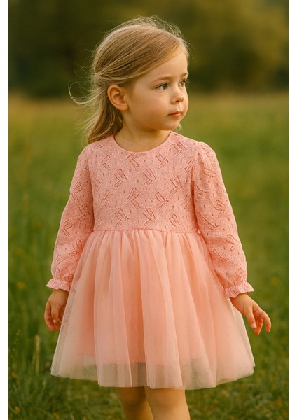 Kız Bebek Çocuk Dantel Güpürlü Doğum Günü Parti Düğün Özel Gün Tüllü Astarlı Prenses Abiye Elbise