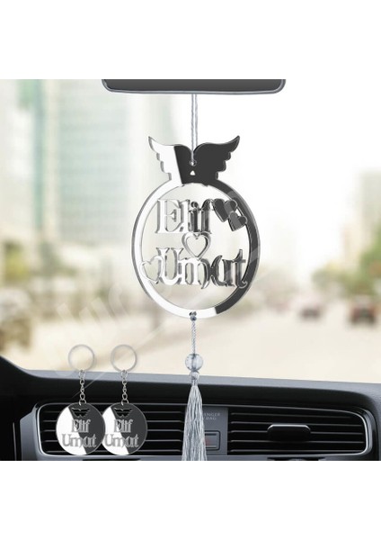 Kişiye Özel (2 Adet Anahtarlıklı) Melek Kanatlı Pleksi Araba Dikiz Aynası Süsü