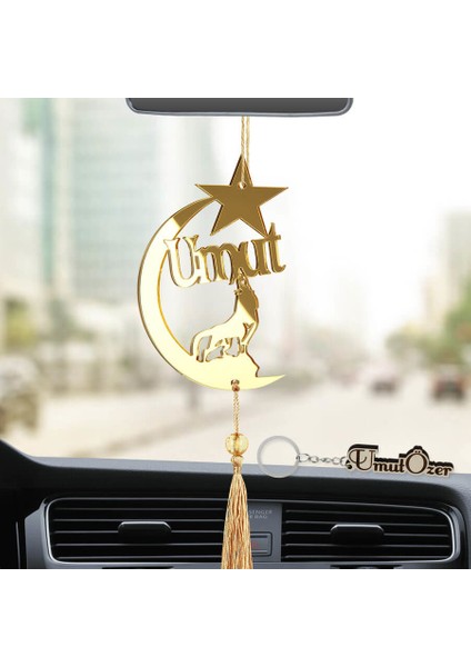 Kişiye Özel (Anahtarlıklı) Bozkurt Pleksi Araba Dikiz Aynası Süsü Gold Renk