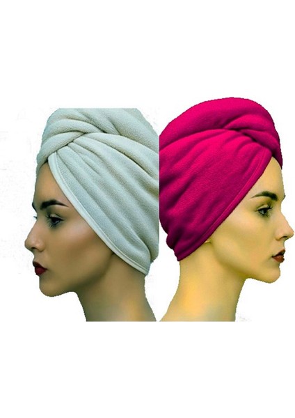 Saç Havlusu Saç Bonesi 2 Li Set %100 Pamuk Banyo ,havuz ve Deniz Sonrası Kurulama Ekru / Fuşya