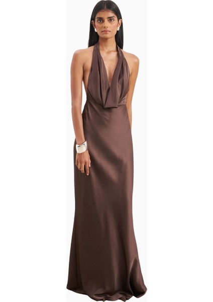 Satin Plunging Cowl Neck Maxi Dress Kadın Elbise indirimleri