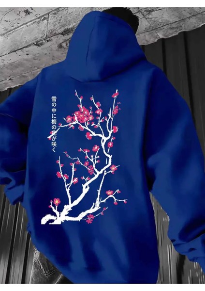 Büyük Beden Özel Tasarım Kapüşonlu Pembe Kiraz Çiçeği Sırt Baskılı Japon Stil Erkek Sweatshırt