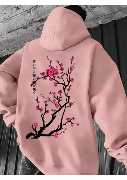 Büyük Beden Özel Tasarım Kapüşonlu Pembe Kiraz Çiçeği Sırt Baskılı Japon Stil Erkek Sweatshırt