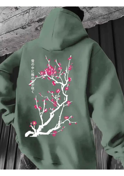 Büyük Beden Özel Tasarım Kapüşonlu Pembe Kiraz Çiçeği Sırt Baskılı Japon Stil Erkek Sweatshırt