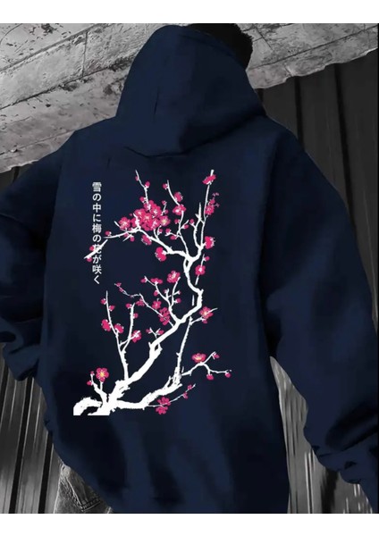 Büyük Beden Özel Tasarım Kapüşonlu Pembe Kiraz Çiçeği Sırt Baskılı Japon Stil Erkek Sweatshırt