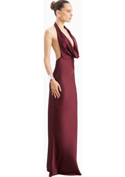 Satin Plunging Cowl Neck Maxi Dress Kadın Elbise fırsatları
