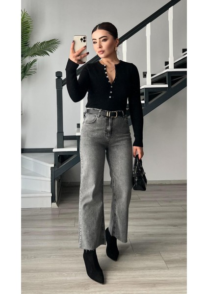 Gri Yıkamalı Likralı Straight Jean