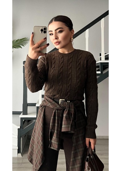 Kahve Melanj Saç Örgü Kazak