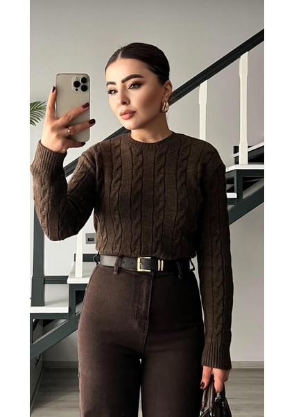 Kahve Melanj Saç Örgü Kazak fiyatları