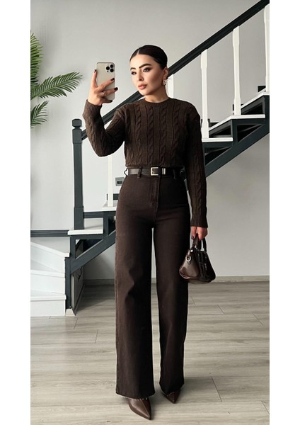 Kahve Melanj Saç Örgü Kazak fırsatları