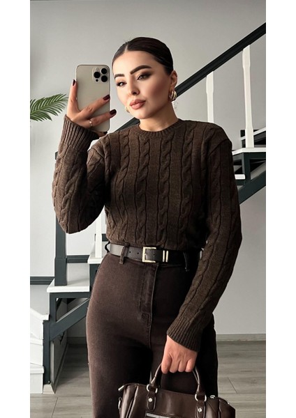 Kahve Melanj Saç Örgü Kazak indirimleri