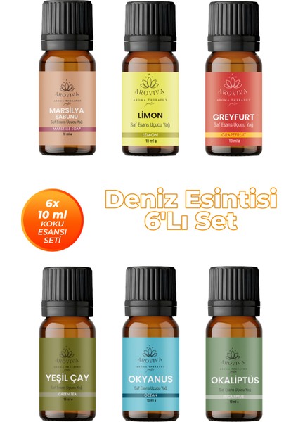 Deniz Esintisi Oda Kokusu 6'lı Set- Doğal Esansiyel Uçucu Yağ, Difüzör Esansı, Buhurdanlık Yağı