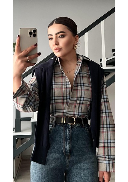 Bej-Lacivert Ekoseli Oduncu Gömlek