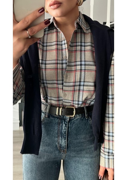 Bej-Lacivert Ekoseli Oduncu Gömlek