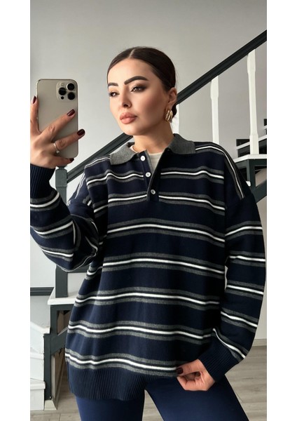 Lacivert-Gri Polo Yaka Çizgili Triko Kazak